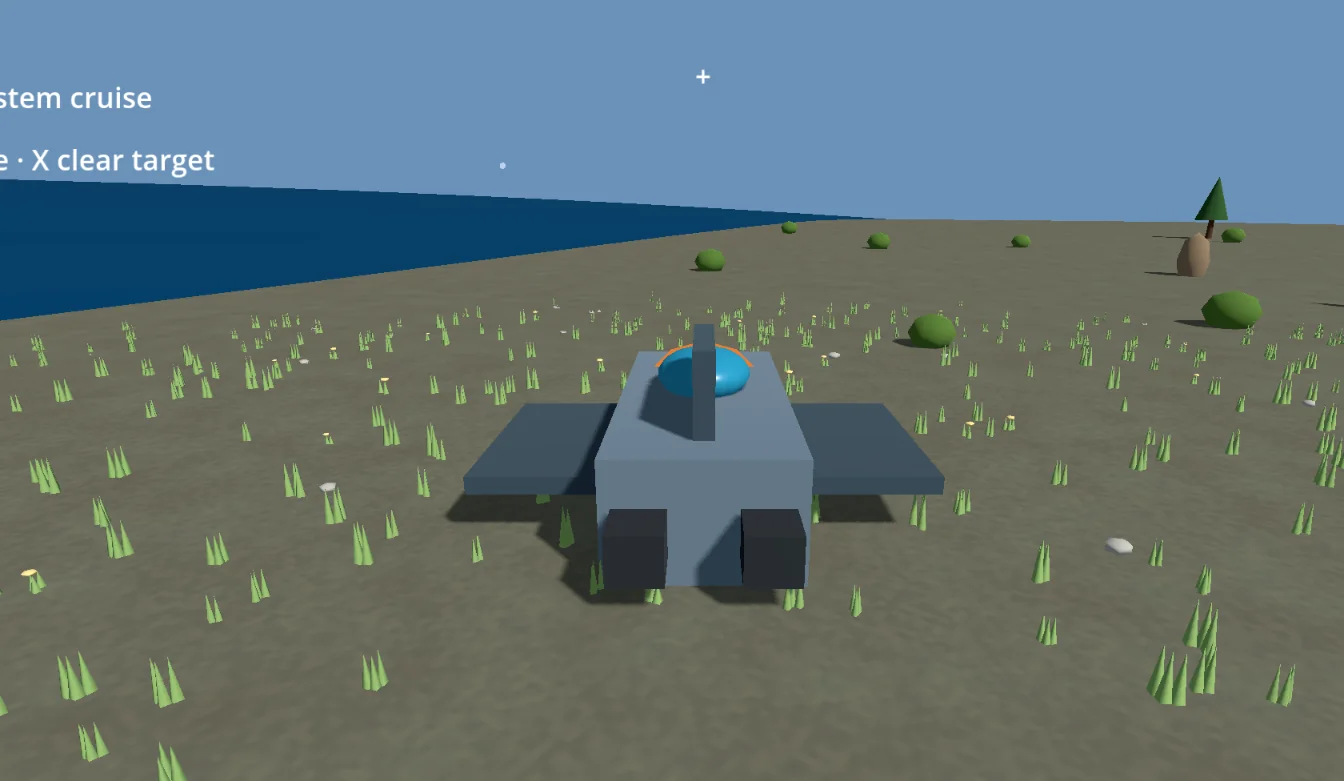 Spacecraft near a coastline and sparse trees on a generated world