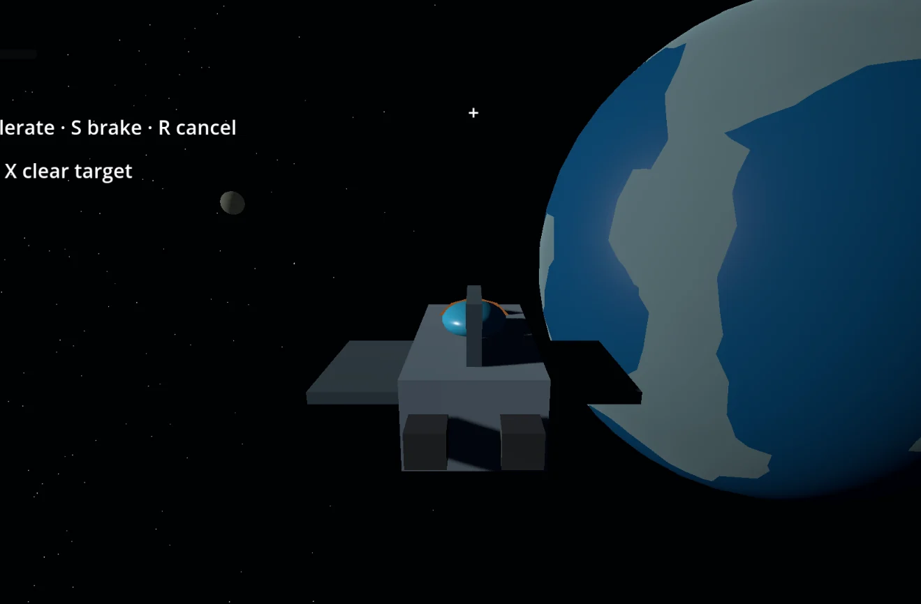 Prototype spacecraft flying toward a blue generated planet